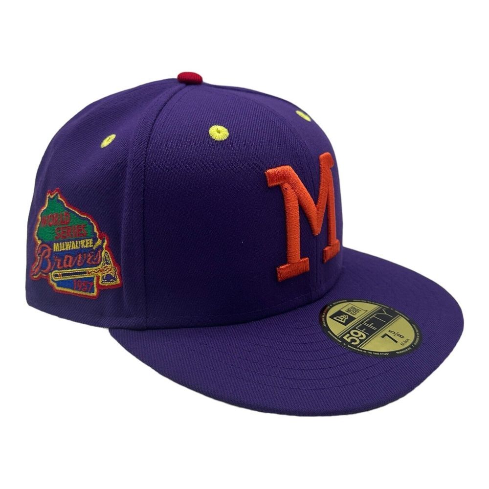NWT New Era 59Fifty Milwaukee Braves Purple 1957 World Series Hat Cap Size 7 3/8
